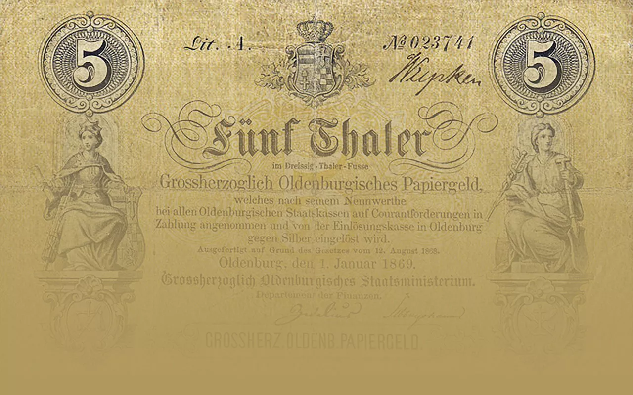 Banknote, fünf Thaler, von 1869