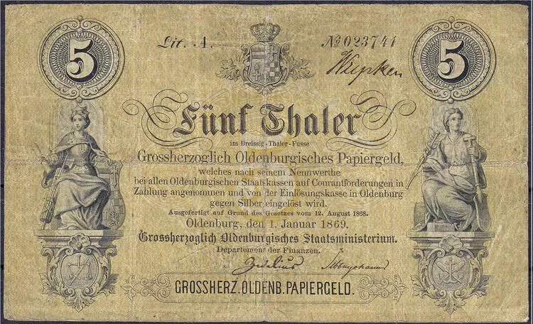 Banknote, fünf Thaler, von 1869